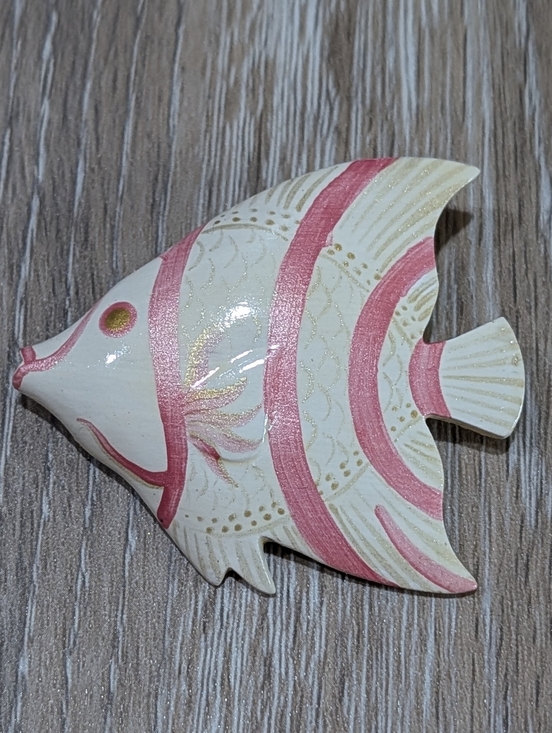 Flamingo Jewelry - Hand Carved, Hand Painted Pink & Gold Wooden Angel Fish Brooch